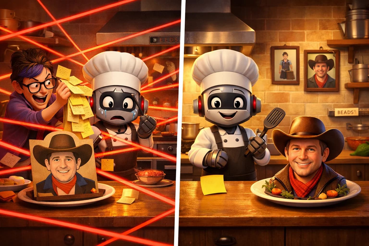 Illustration depicting the tension between detailed instructions and creative freedom in AI prompting