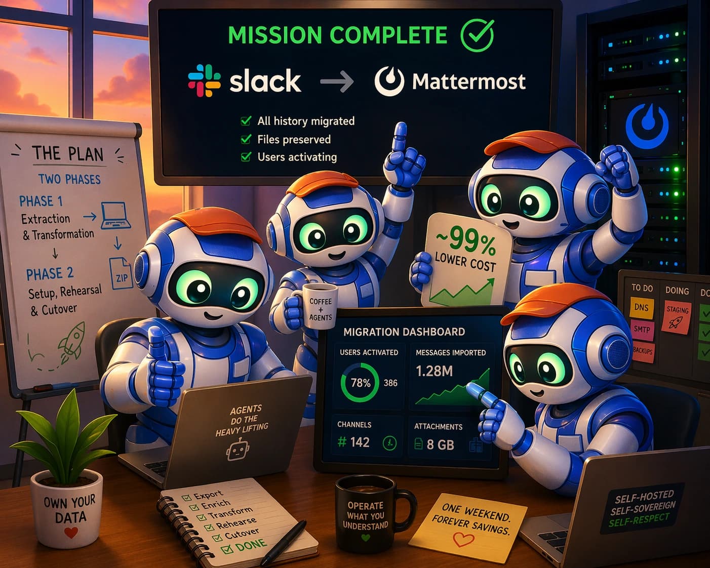 Illustration depicting a migration from a Slack-style chat workspace to a self-hosted Mattermost server, driven by an AI agent pair