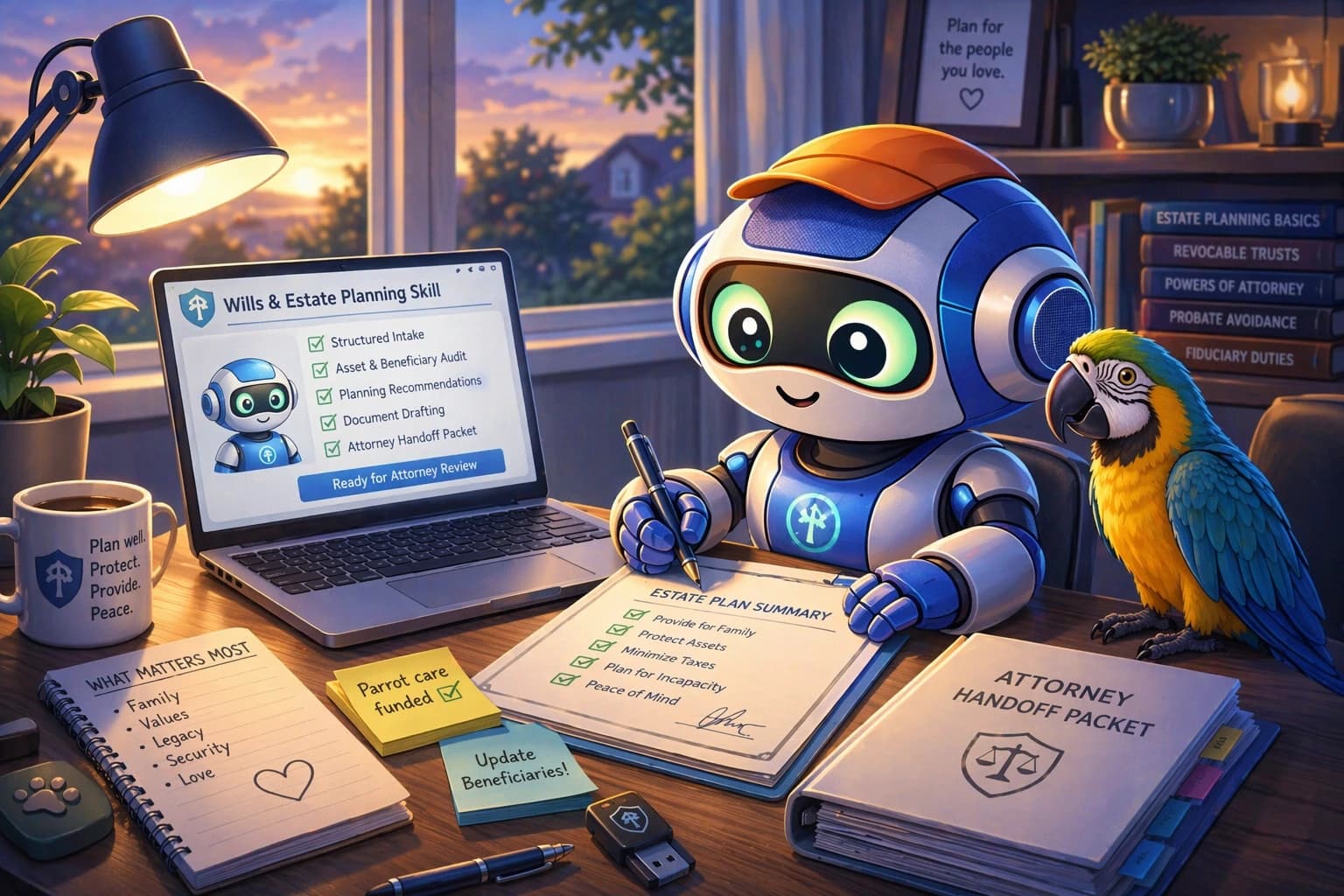 Warmly-lit desk scene with estate-planning documents, a laptop running an AI agent, and a parrot, evoking an estate plan drafted at home with the help of an AI skill